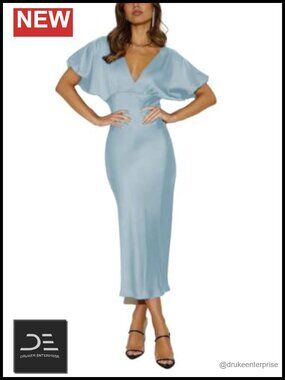 Satin V Neck Puffy Sleeves Midi Dress Wedding Guest